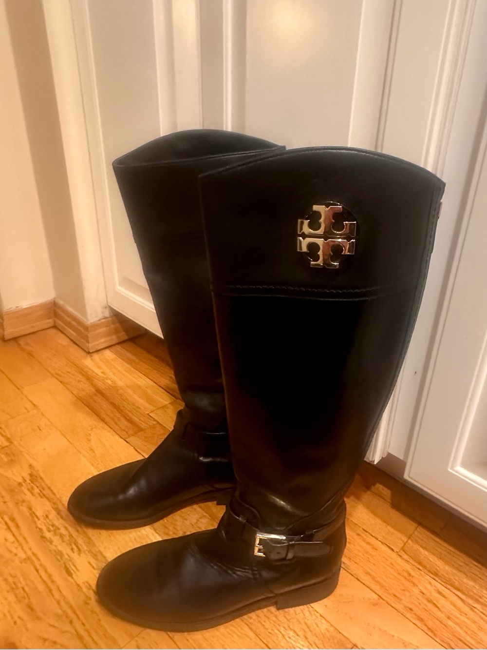 Tory Burch Black Leather Logo Knee-High Boots